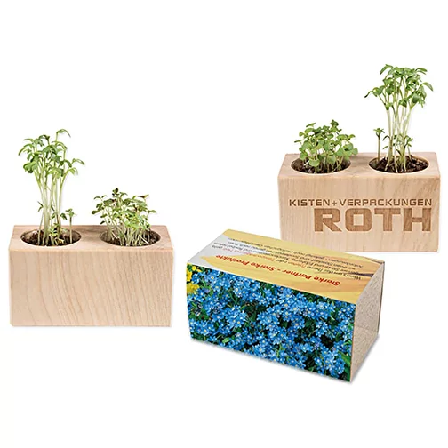 Pflanz-Holz 2er Set mit Samen - Vergissmeinnicht, 2 Seiten gelasert  (individuell, Papier, Holz, Erde, Saatgut, 61g) als Werbeartikel Auf  GIFFITS.de | Art.Nr. 371832