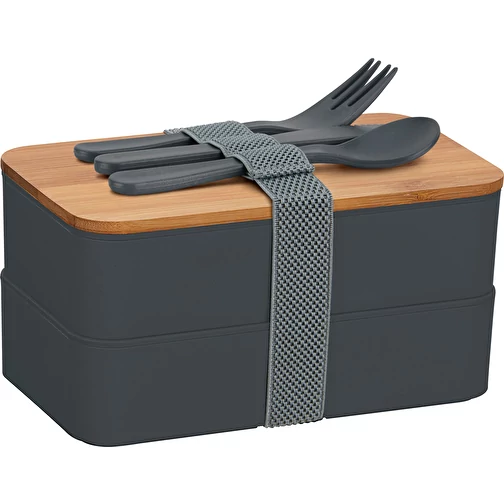 Doppel-Lunchbox mit Bambus-Schneidebrett und Besteck (1000, grau, PP, Bambus,  380g) als Werbeartikel Auf GIFFITS.de | Art.Nr. 400011