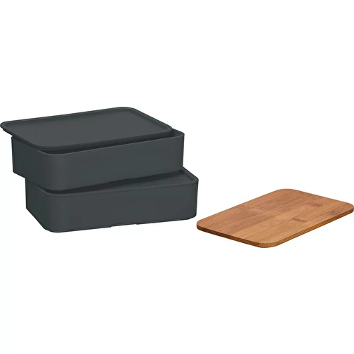 Doppel-Lunchbox mit Bambus-Schneidebrett und Besteck (1000, grau, PP, Bambus,  380g) als Werbeartikel Auf GIFFITS.de | Art.Nr. 400011
