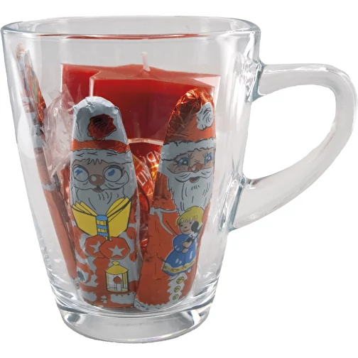 LINDT Süße Weihnachtstasse (rot, Folie, Glas, Schokolade, Stoff, Papier, 360g) als Werbegeschenke Auf Art.Nr. 561849